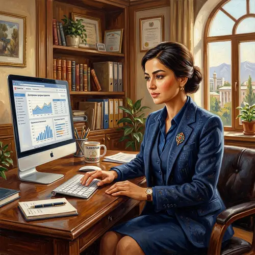 Vintage-Inspired Oil Painting of 28-Year-Old Tajik Woman in Office Suit