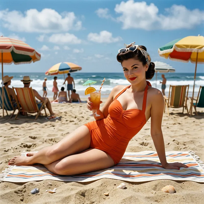 50s Beach Pinup with Cocktail - Retro Vibes 50s Beach Pinup with Cocktail - Retro Vibes