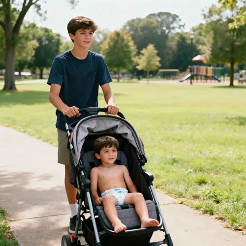 Teen in Diaper on Baby Stroller at Park