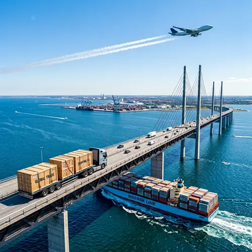 Global Logistics: Bridge, truck, airplane, and cargo ship in vibrant scene