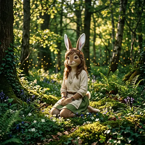Tranquil Bunny Girl in Hazel Fur Amid Verdant Forest