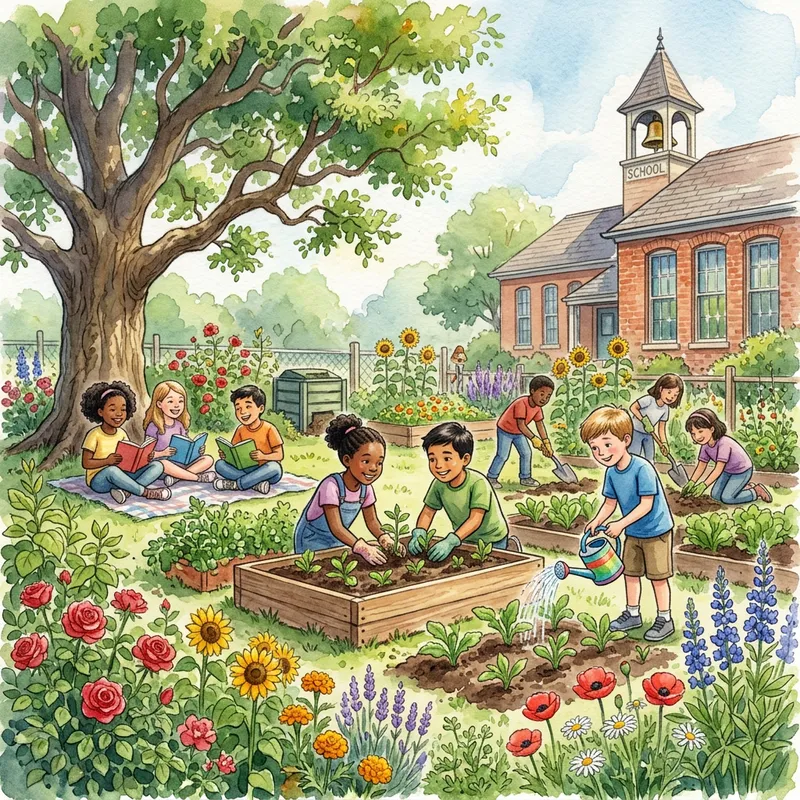 School Garden Watercolor Painting | Lush Greenery & Students Engaged