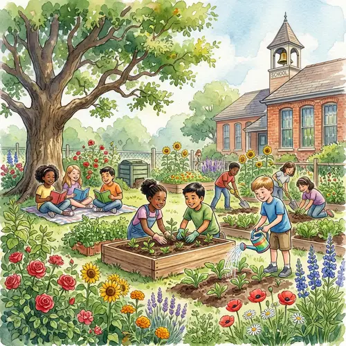 School Garden Watercolor Painting | Students Planting & Reading