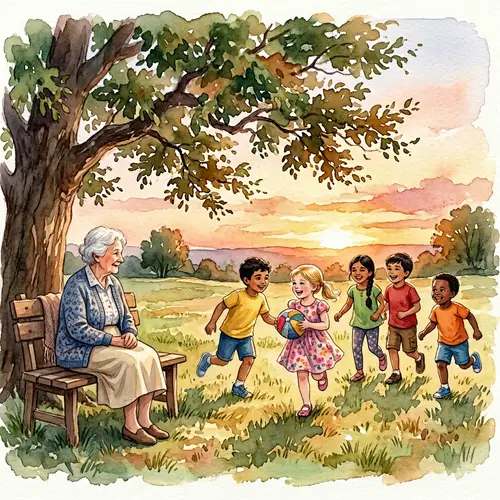 Nostalgic Sunset Scene | Diverse Children Playing | Watercolor Art