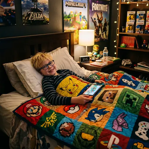 Blonde Boy with Glasses Lying in Bed with Fortnite Blanket