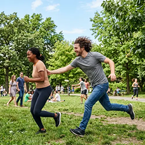 Playful Game of Tag in a Vibrant Park Setting