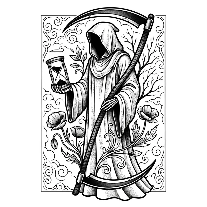 Black and White Grim Reaper Stencil Tattoo: Symbolizing Life's Transience