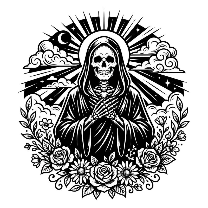 Black and White Death Tattoo Stencil - Symbolizing Happiness and Peace Afterlife Black and White Death Tattoo Stencil - Symbolizing Happiness and Peace Afterlife