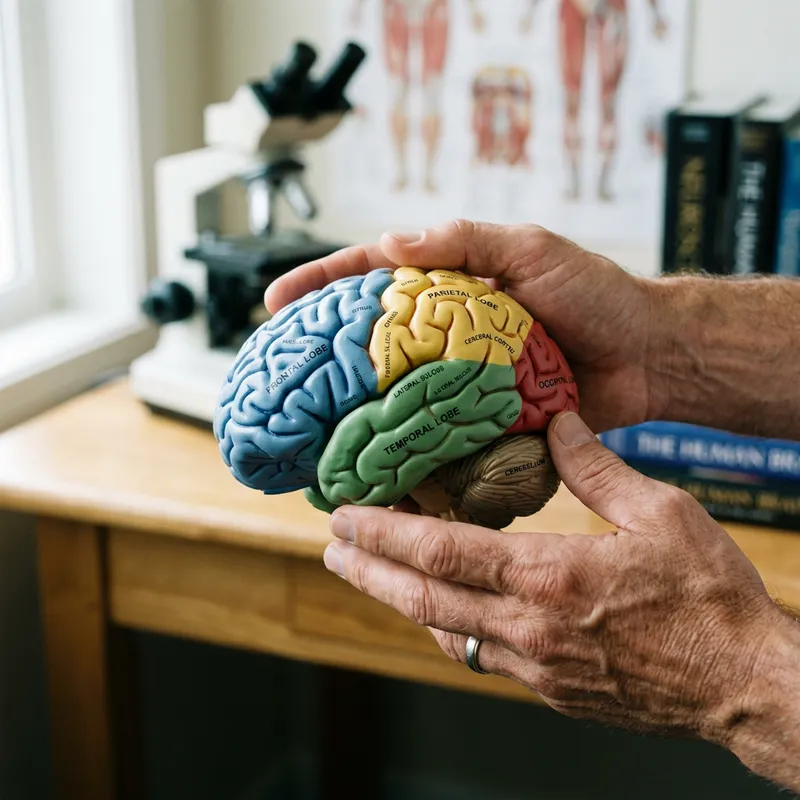Masculine Hands Gently Supporting Realistic Female Brain Model