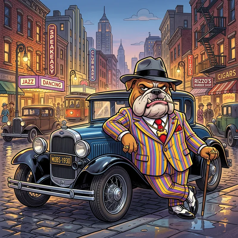 Caricature Gangster Dog in Classic Cityscape Caricature Gangster Dog in Classic Cityscape