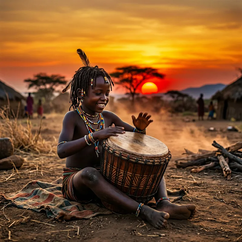 Tribal Young Boy Drumming at Sunset Scene