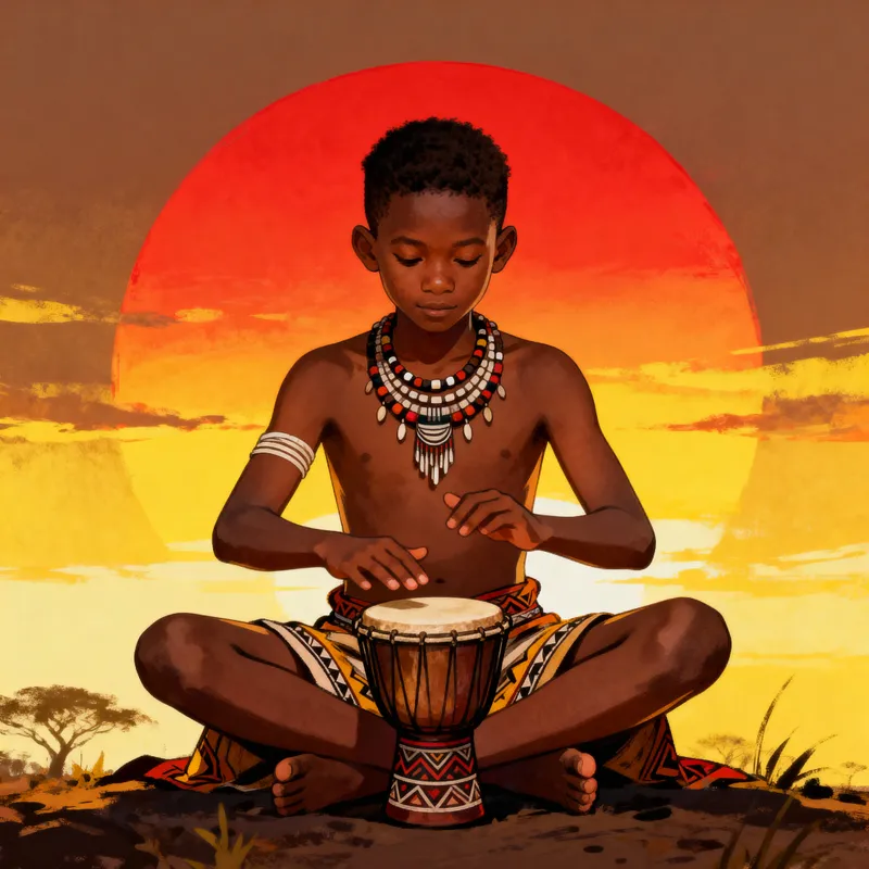 Tribal Young Boy Drumming at Sunset Scene Tribal Young Boy Drumming at Sunset Scene