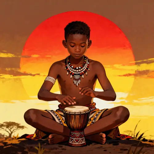 Tribal Young Boy Drumming at Sunset Scene