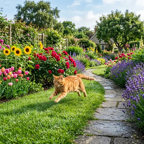 Vibrant Outdoor Garden Scene with Playful Cat Running
