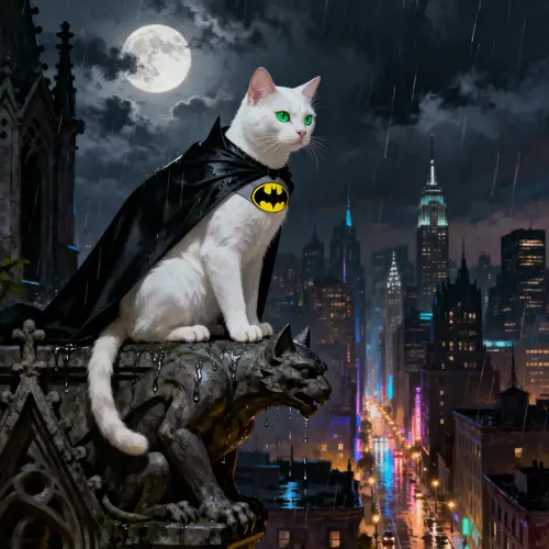 Batman Cat on Gargoyle Overlooking Gotham City