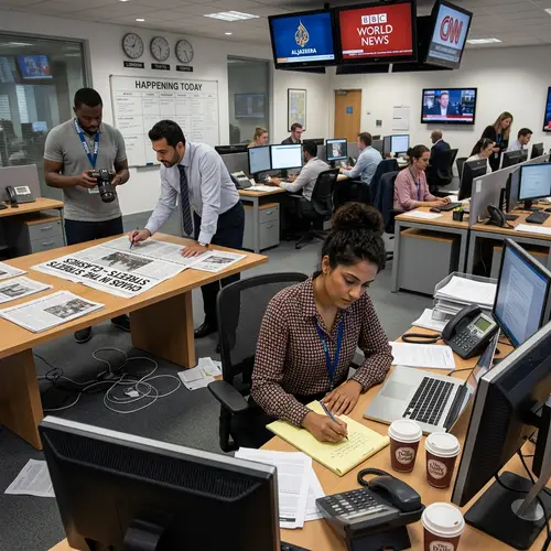 Bustling Newsroom Scene: Journalist, Photographer, and Editor in Action