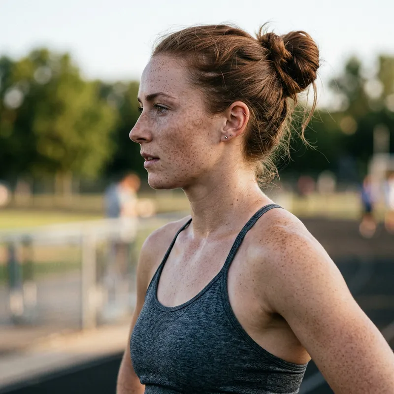 Fit Freckled Woman in Sports Bra - Side Profile Fit Freckled Woman in Sports Bra - Side Profile