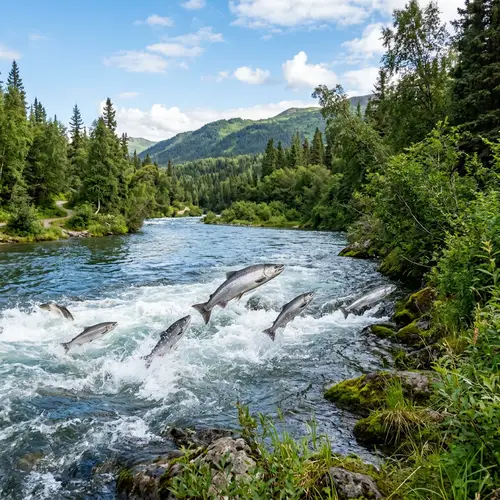 River Landscape: Salmon Jumping in Foaming Rapids
