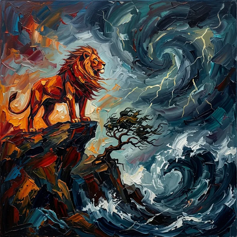 Courage & Valor: Brave Lion against Monstrous Storm Courage & Valor: Brave Lion against Monstrous Storm