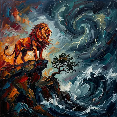 Courage & Valor in Art: A Brave Lion Confronting a Monstrous Storm