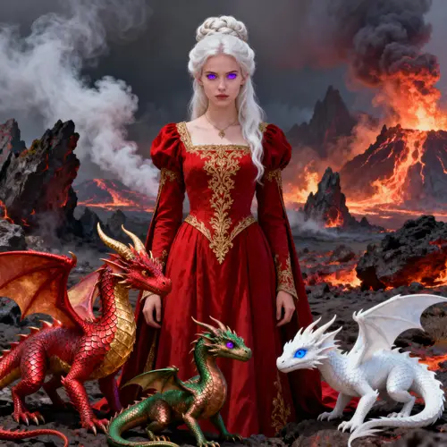 Epic Fantasy Heroine with Dragons in Fiery Wasteland
