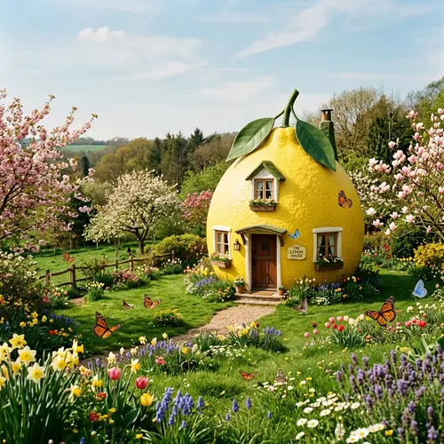 Lemon-Shaped House on Vibrant Spring Lawn | Kodak Portra