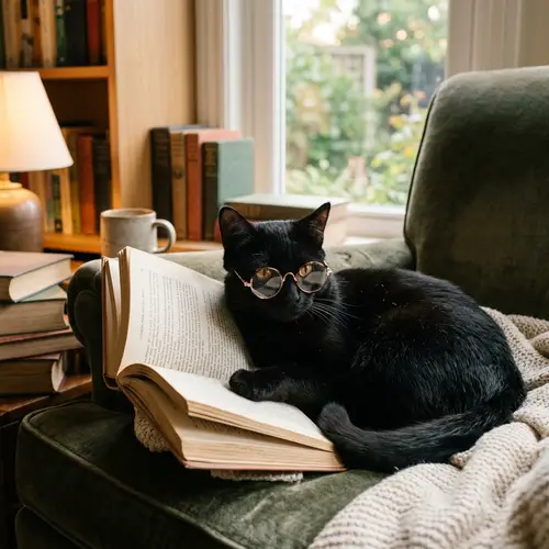 Charming Asian Cat in Glasses | Elegant Black Fur