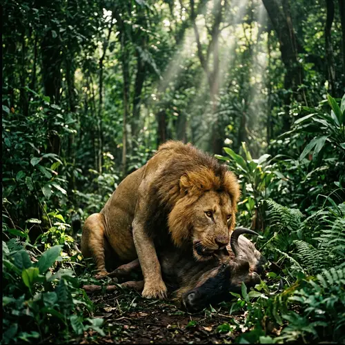 Wild Lion Feasting in Lush Jungle