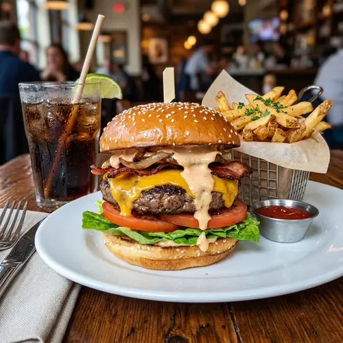 Delicious Gourmet Burger with Fresh Ingredients | Restaurant Name