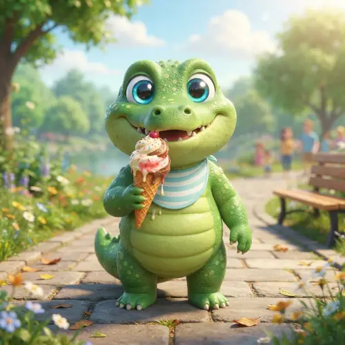 Cute Baby Gator Enjoying Ice Cream - 3D Cartoon