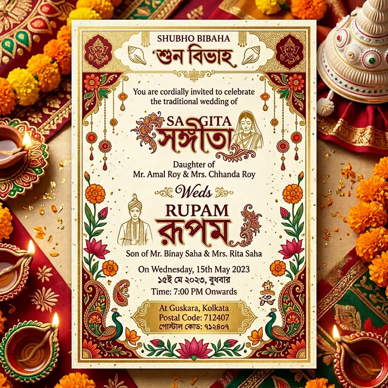Elegant Bengali Wedding Card | Rupam & Sangita 15th May 2023 Elegant Bengali Wedding Card | Rupam & Sangita 15th May 2023