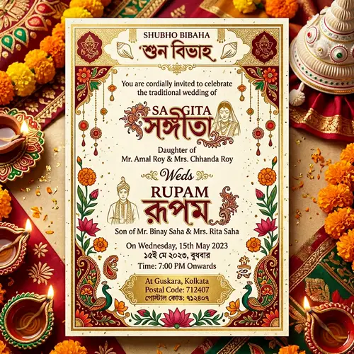 Traditional Bengali Wedding Invitation Card | Rupam & Sangita 15th May 2023