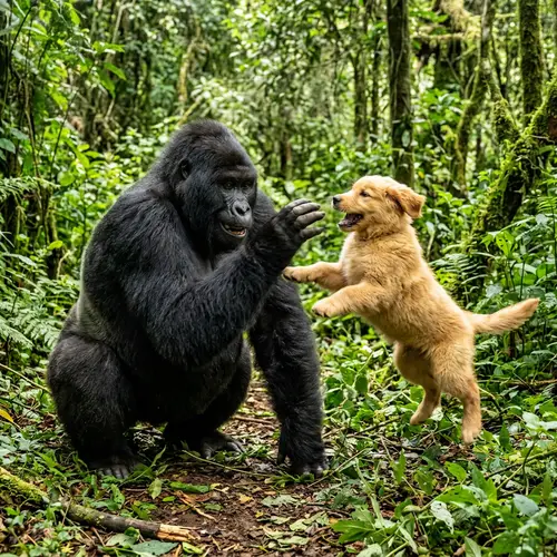 Dog vs Gorilla Showdown in Lush Forest - Playful Competition