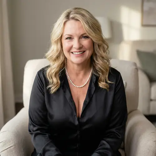 Curvy Blonde in Satin with Deep Cleavage