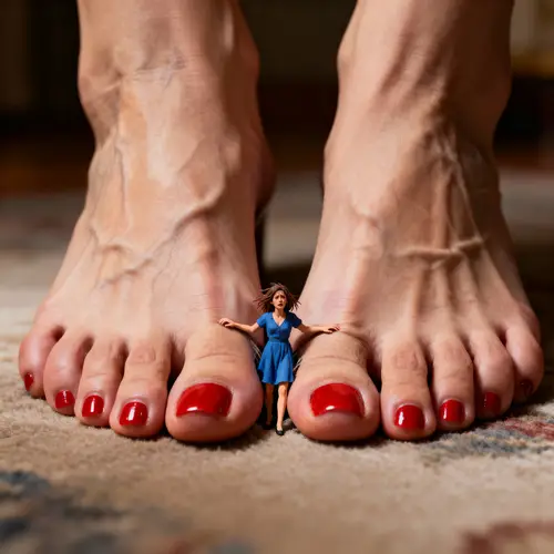 Tiny Woman Stuck in Giantess Woman's Feet