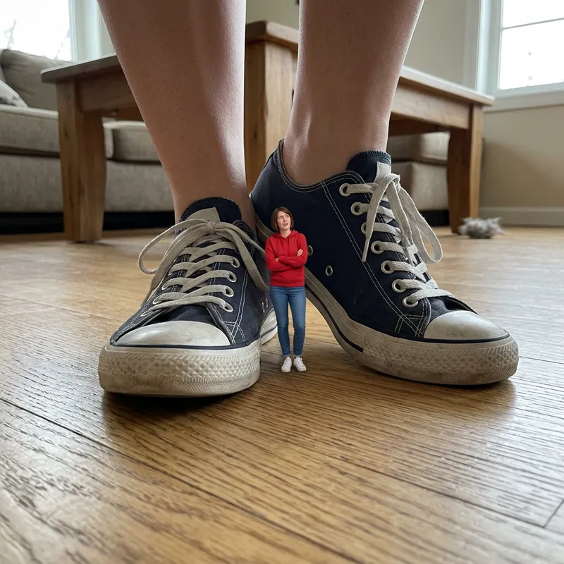 Tiny Woman Stuck in Giantess Woman's Feet