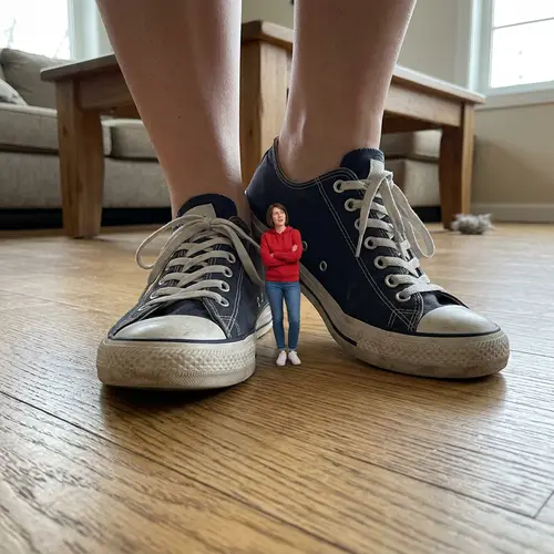 Tiny Woman Stuck in Giantess Woman's Feet