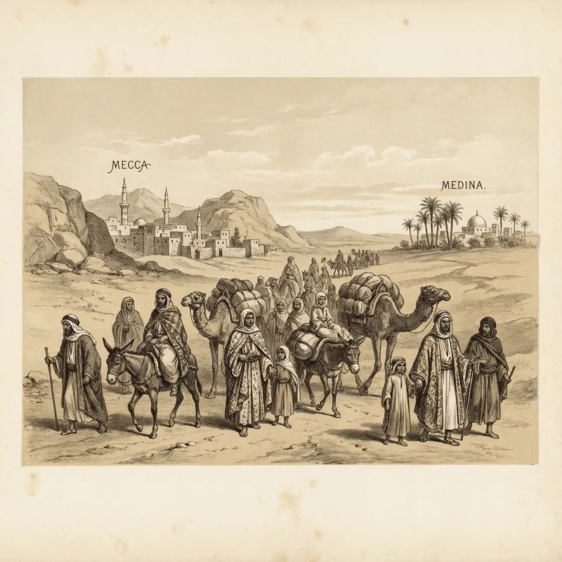 Historical Illustration: Migration from Mecca to Medina - Desert Scene with Diverse Groups