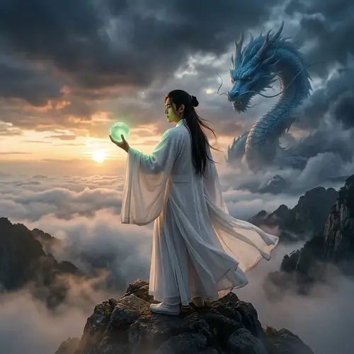 Celestial Hero: A Mystic Journey on a Mountain Peak