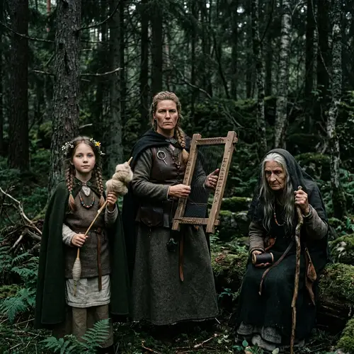 Three North Norns: Mythological Women in Dark Forest