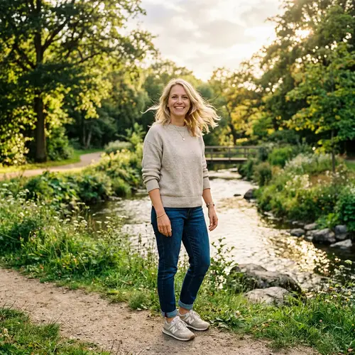 Blonde Woman in Peaceful Park with Gentle Stream | Warmly Welcoming Scene