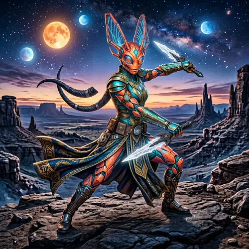 Galactic Warrior Female Alien with Laser Swords in Fantasy Space Setting