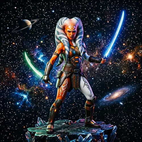 Alien Warrior Woman with Dual-tone Skin and Glowing Swords