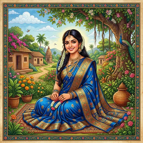 Vibrant Indian Art: Young Woman in Blue Saree