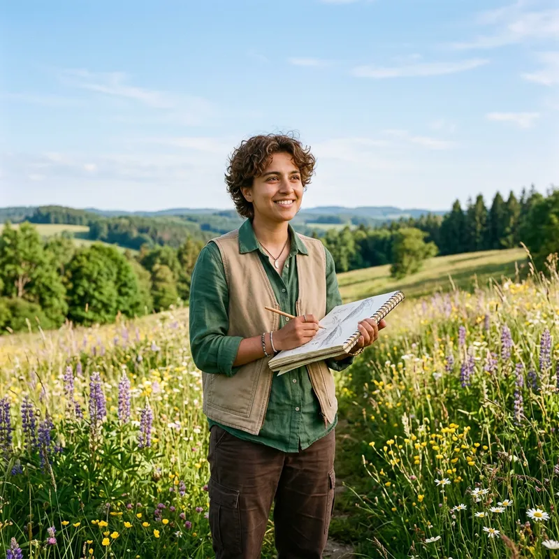 Inspiring Sketching Scene featuring a Diverse Individual in Meadow
