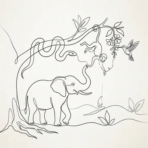 Continuous Line Art: Elephant, Snake, Monkey, Hummingbird