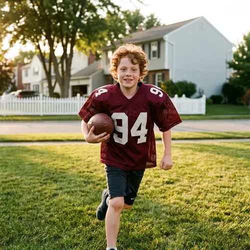 Excited Young Boy in Maroon Football Jersey | Sports Photography