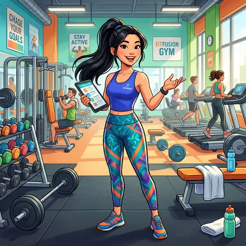 Cheerful Fitness Trainer Illustration in Gym Setting
