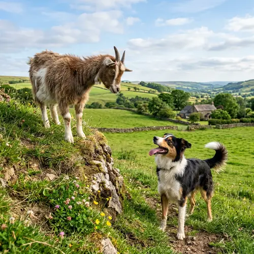 Goat and Dog: A Playful Countryside Encounter