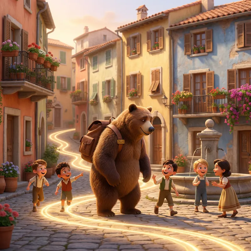 Enchanting Bear Guide in a Joyful Village Illustration